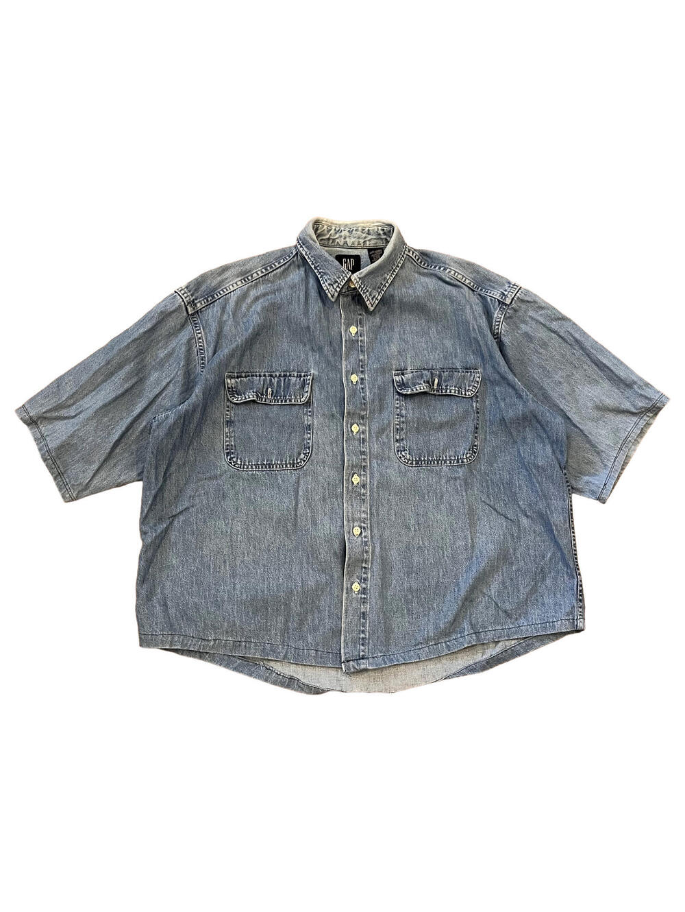 Vintage GAP Denim Shirt Mens XL Blue Button Up Short Sleeve Cotton Y2K